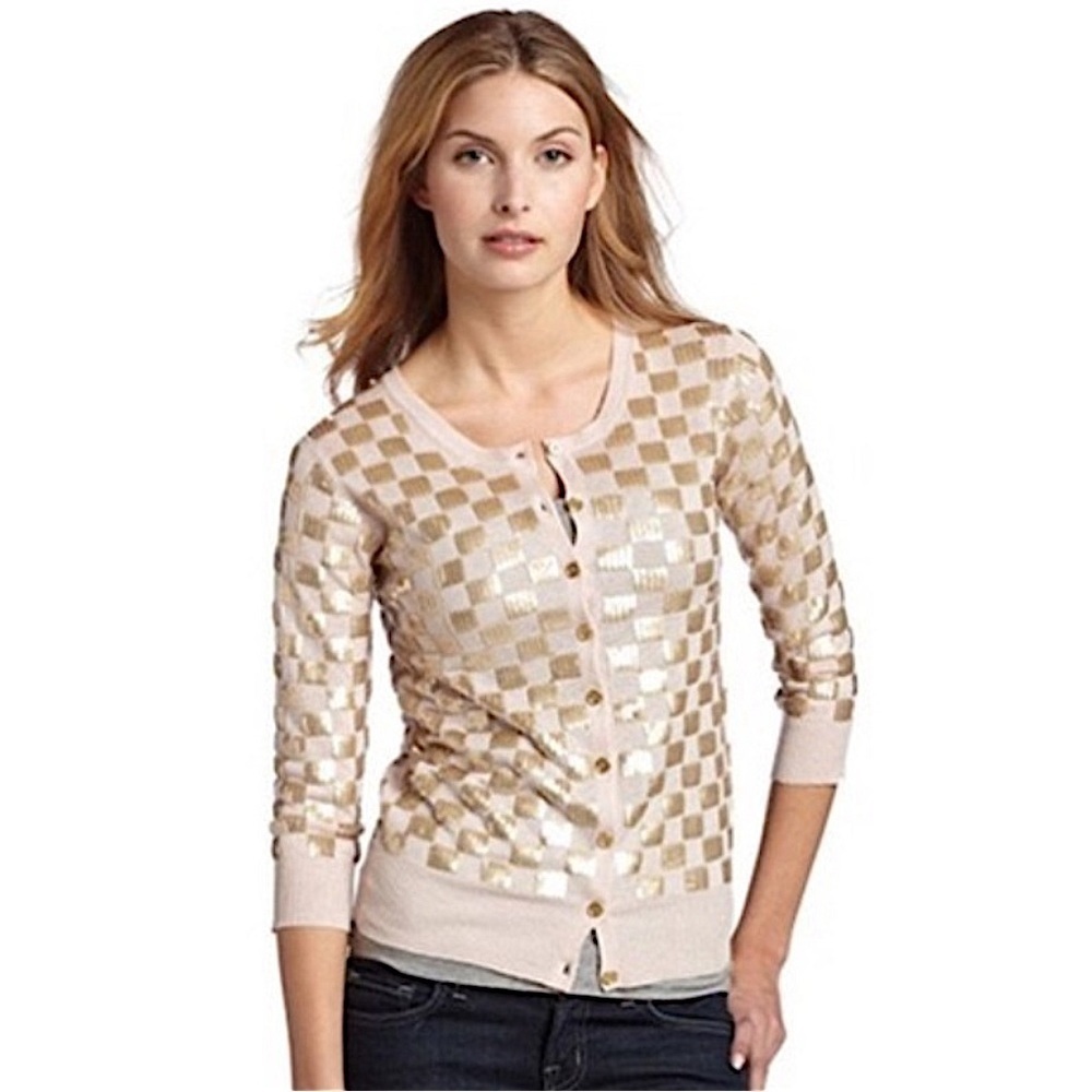 French Connection Blush Lightweight Bronte Cardigan Gold Sequin Checkerboard S